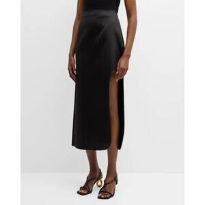 By Malene Birger Wick Curved Side Slit Black Satin Maxi Skirt Size 36 NWT